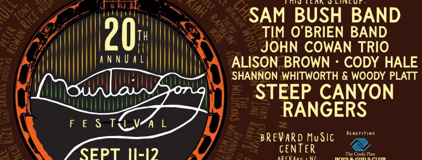 20th Mountain Song Festival. An illustration of an orange and brown banjo with blue mountains on it.