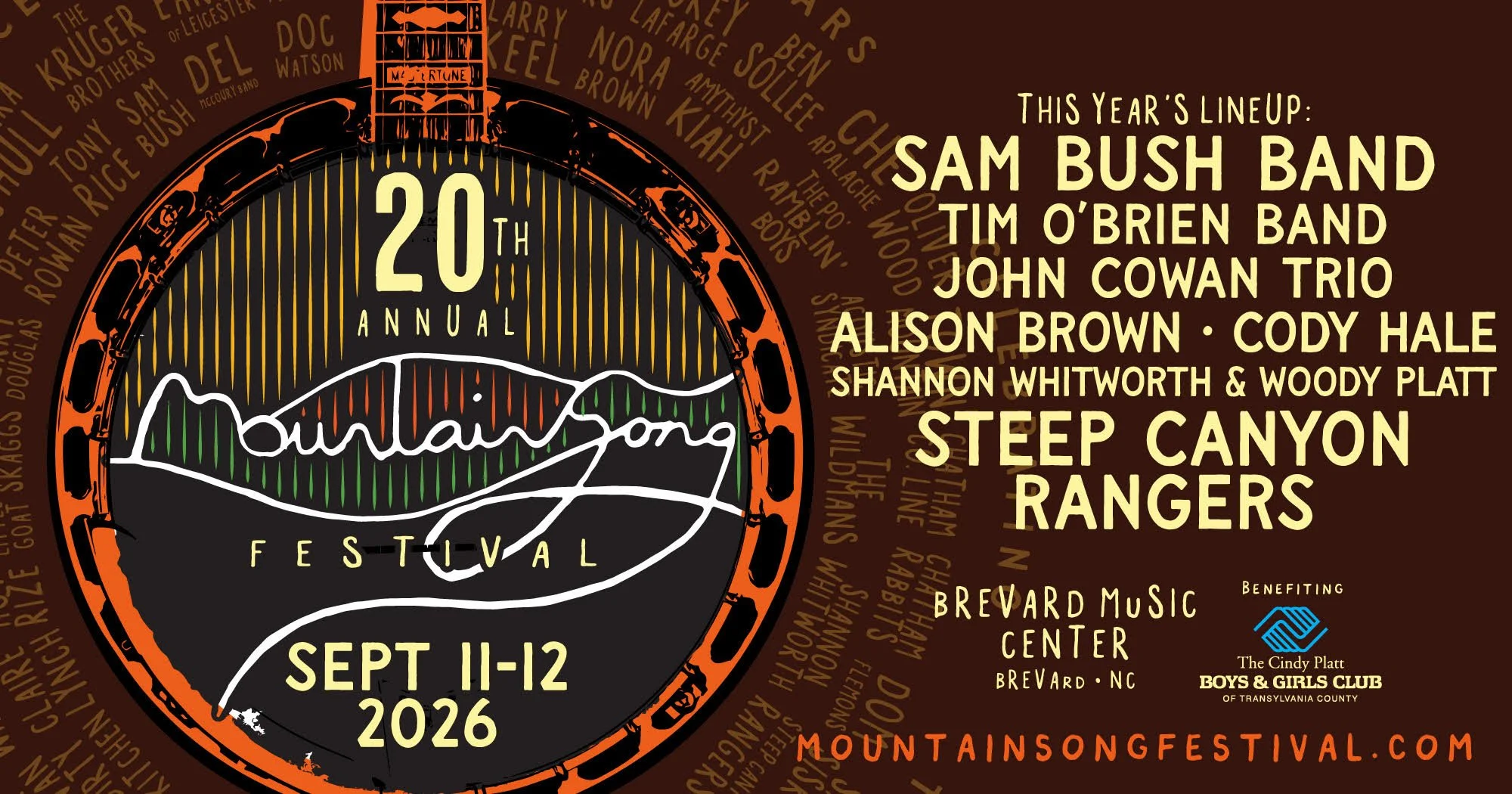 20th Mountain Song Festival. An illustration of an orange and brown banjo with blue mountains on it.