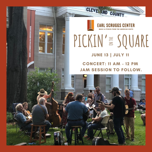 Pickn' on the Square - A group of musicians jams in front of an old white building with tall pillars.