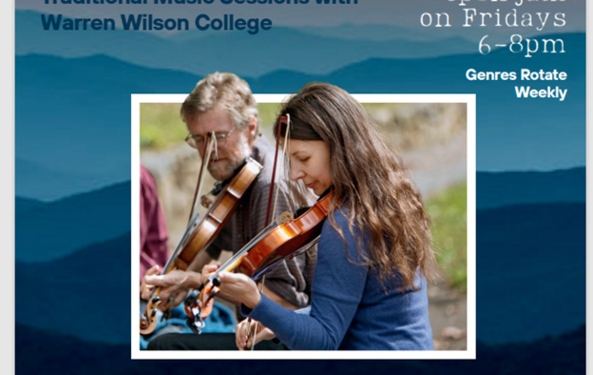 Sit a Spell - Traditional Music at Ginger's Revenge with Warren Wilson College. Two fiddlers pictured.