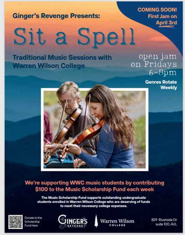 Sit a Spell - Traditional Music at Ginger's Revenge with Warren Wilson College. Two fiddlers pictured.