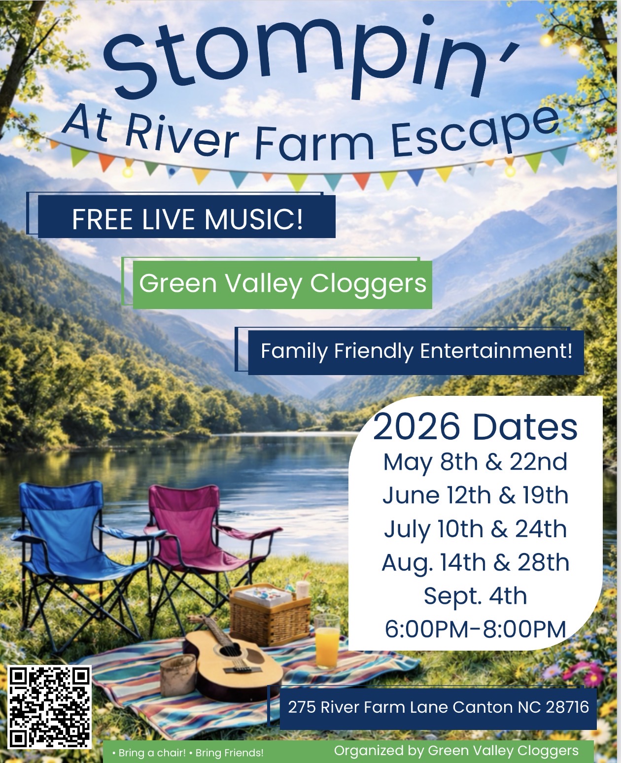 Stompin' At River Farm Escape featuring the Green River Cloggers. Dates shown with illustration of a mountain lake with green hills, and a cozy picnic spot.